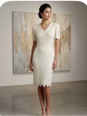 Vintage Silky Nites pure 100% silk Elegant off-White V-Neck Lace Sheath Dress